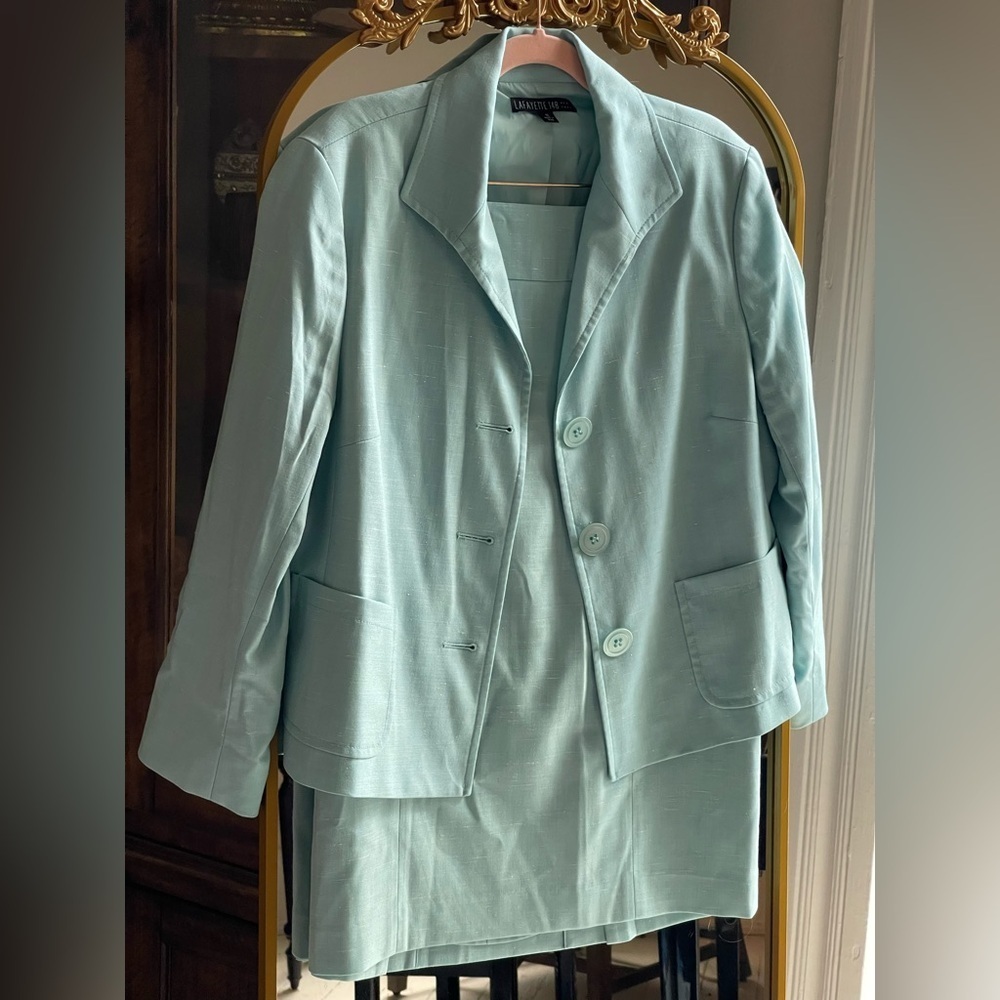 Lafayette 148 Vintage 3-Button Wool Silk Blend Light Blue Two-Piece Skirt Suit